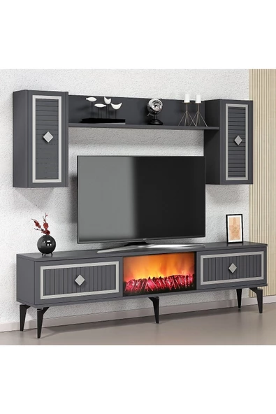 DemonteHome  FLAMEDH ŞÖMİNELİ TV ÜNİTESİ TAKIMI ANTRASİT GÜMÜŞ - 2