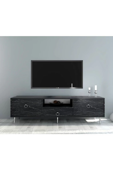 DemonteHome  Dropdh Tv Ünitesi 2 Kapaklı Raflı Ve Çekmeceli Royalmermer Gümüş