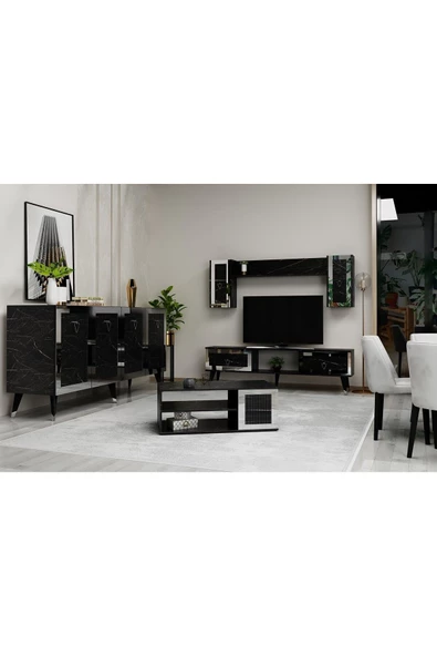 DemonteHome  BORADH TV ÜNİTESİ , ORTA SEHPA VE KONSOL 3'LÜ SALON TAKIMI ROYALMERMER GÜMÜŞ