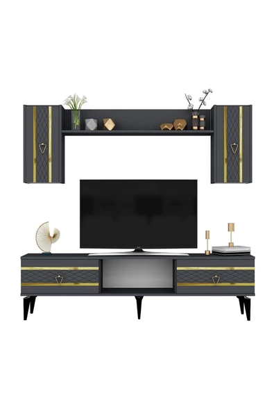 DemonteHome  PELİNDH TV ÜNİTESİ TAKIMI ANTRASİT-ALTIN - 4