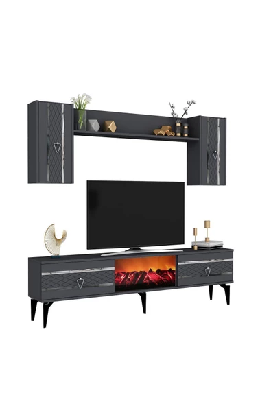 DemonteHome  Pelindh Tv Ünitesi Takımı Şömineli Antrasit Gümüş - 4