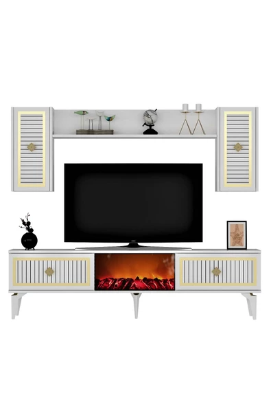 DemonteHome  NİLDH ŞÖMİNELİ TV ÜNİTESİ BEYAZ ALTIN - 6