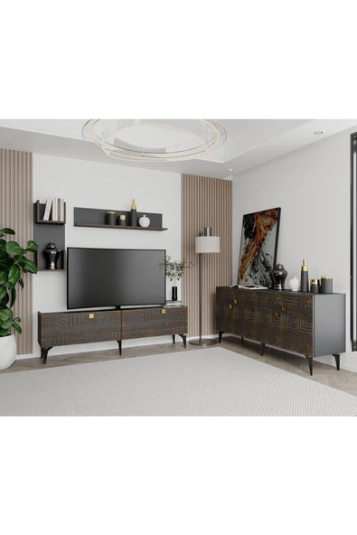 DemonteHome  TUCASDH TV ÜNİTESİ ve KONSOL 2'Lİ SALON TAKIMI ANTRASİT- (CEVİZ DESEN)