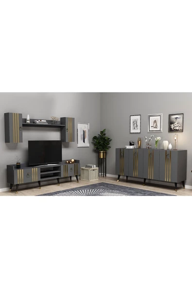 DemonteHome  IŞILDH TV ÜNİTESİ ve KONSOL 2'Lİ SALON TAKIMI ANTRASİT-ALTIN