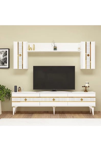DemonteHome  LENORADH TV ÜNİTESİ TAKIMI BEYAZ-ALTIN