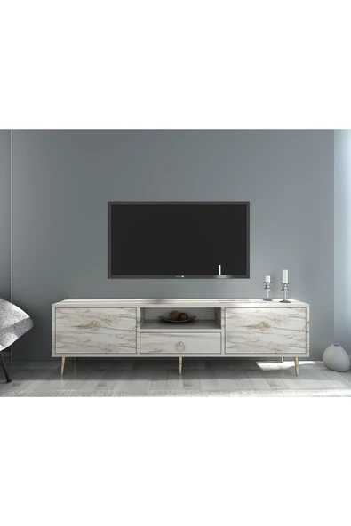 DemonteHome  Dropdh Tv Ünitesi 2 Kapaklı Raflı Ve Çekmeceli Efesmermer Altın
