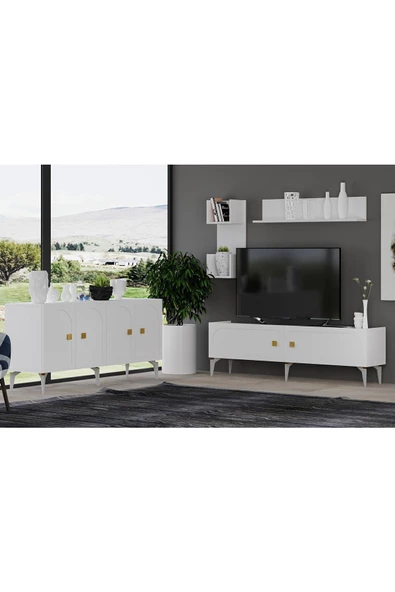 DemonteHome  OWENDH TV ÜNİTESİ,KONSOL 2'Lİ SALON TAKIMI BEYAZ (BEYAZ DESEN)