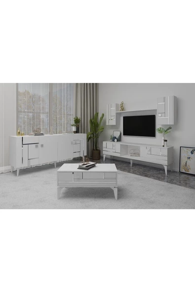 DemonteHome  MADERA TV ÜNİTESİ,KONSOL ve ORTA SEHPA 3'LÜ SALON TAKIMI BEYAZ-GÜMÜŞ - 2