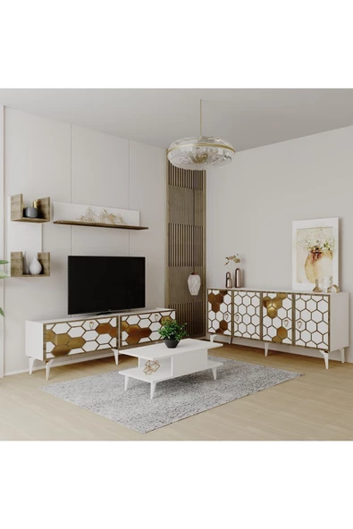 DemonteHome  PETEKDH TV ÜNİTESİ,KONSOL VE ORTA SEHPA 3 'LÜ SALON TAKIMI BEYAZ-ALTIN (CEVİZ DESEN )