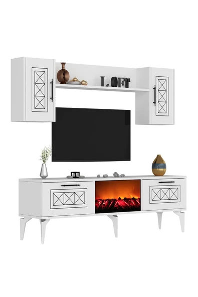 DemonteHome  SHUMENDH ŞÖMİNELİ TV ÜNİTESİ BEYAZ GÜMÜŞ - 5