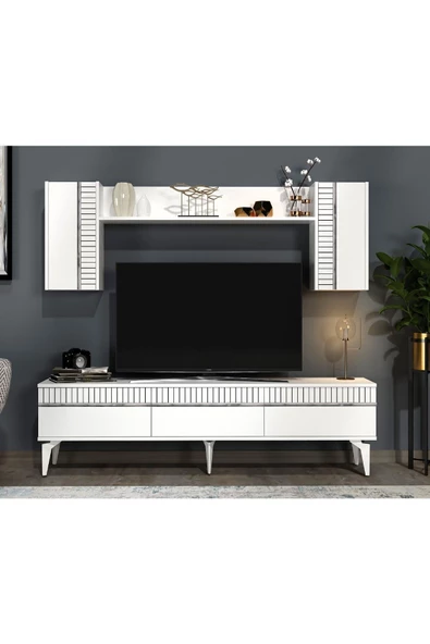 DemonteHome  DEFNEDH 180 CM TV ÜNİTESİ VE KONSOL  2'Lİ SALON TAKIMI BEYAZ GÜMÜŞ - 4