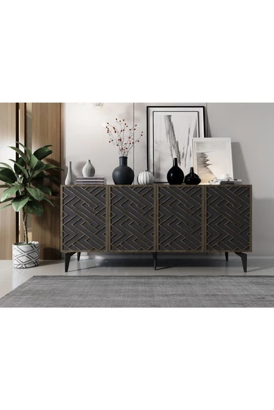 DemonteHome  VİTADH LAZER KESİMLİ 4 KAPAKLI  KONSOL ANTRASİT-(CEVİZ DESEN)