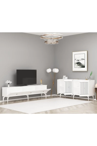 DemonteHome  MİDASDH 180 CM TV SEHPASI (ALT MODÜL) VE 4 KAPAKLI KONSOL 2'Lİ SALON TAKIMI BEYAZ -GÜMÜŞ - 2