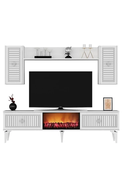 DemonteHome  FLAMEDH ŞÖMİNELİ TV ÜNİTESİ TAKIMI BEYAZ GÜMÜŞ - 4