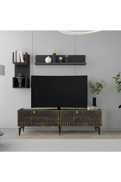 DemonteHome  TUCASDH TV ÜNİTESİ TAKIMI ANTRASİT-(CEVİZ DESEN)
