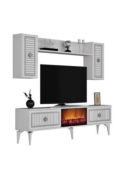 DemonteHome  FLAMEDH ŞÖMİNELİ TV ÜNİTESİ TAKIMI BEYAZ GÜMÜŞ - 5