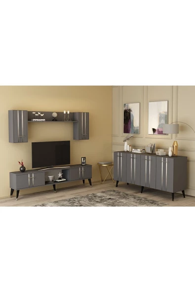 DemonteHome  ASELDH TV ÜNİTESİ ve KONSOL 2'Lİ SALON TAKIMI ANTRASİT-GÜMÜŞ