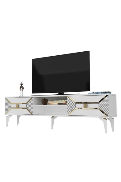 DemonteHome  Yumedidh 2 Raflı 2 Kapaklı Tv Ünitesi Beyaz Altın - 6