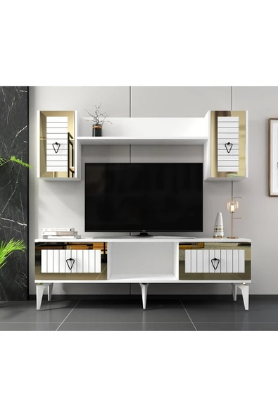 DemonteHome  LİNDADH RAFLI TV ÜNİTESİ TAKIMI BEYAZ-ALTIN