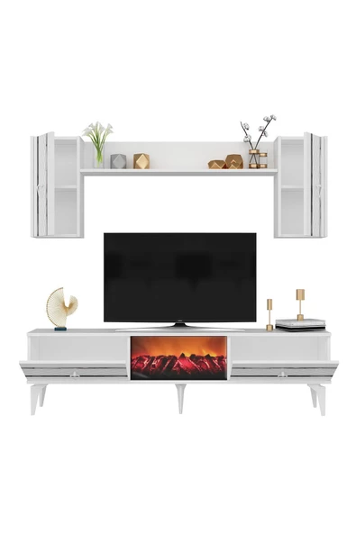 DemonteHome  PELİN TV ÜNİTESİ TAKIMI ŞÖMİNELİ BEYAZ-GÜMÜŞ - 5