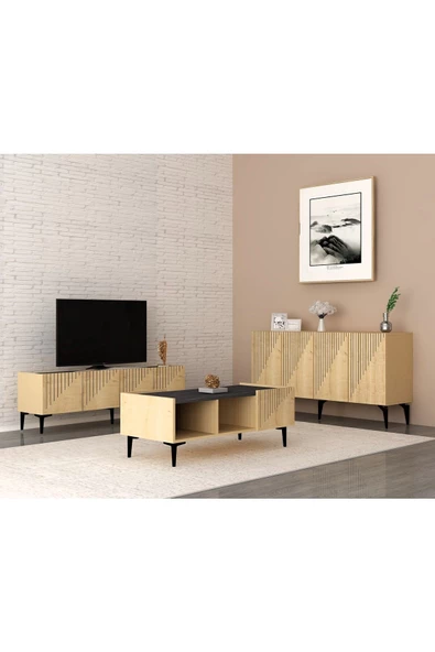 DemonteHome  Drawdh Tv Sehpası Konsol Ve Orta Sehpa 3'lü Salon Takımı Safirmeşe Royalmermer