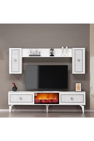 DemonteHome  FLAMEDH ŞÖMİNELİ TV ÜNİTESİ TAKIMI BEYAZ GÜMÜŞ