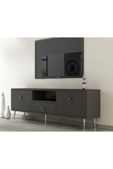 DemonteHome  Dropdh Tv Ünitesi 2 Kapaklı Raflı Ve Çekmeceli Antrasit Gümüş