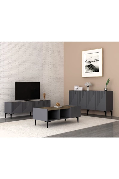 DemonteHome  DRAWDH TV SEHPASI , KONSOL VE ORTA SEHPA 3'lü SALON TAKIMI ANTRASİT-CEVİZ