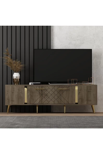 DemonteHome  Detasdh 150 Cm Lazer Desenli Tv Ünitesi Ceviz Altın