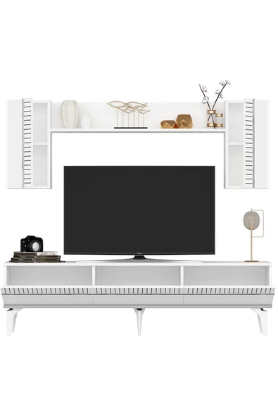 DemonteHome  DEFNEDH 180 CM TV ÜNİTESİ VE KONSOL  2'Lİ SALON TAKIMI BEYAZ GÜMÜŞ - 6