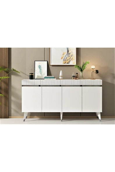 DemonteHome  DEFNEDH 180 CM TV ÜNİTESİ VE KONSOL  2'Lİ SALON TAKIMI BEYAZ GÜMÜŞ - 3