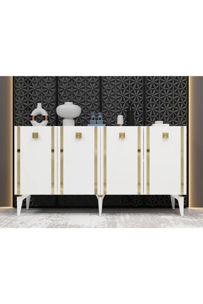 DemonteHome  DORUKDH KONSOL 4 KAPAKLI RAFLI BEYAZ-ALTIN