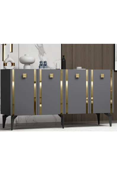 DemonteHome  DORUKDH KONSOL 4 KAPAKLI RAFLI ANTRASİT-ALTIN - 2