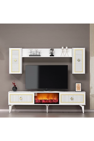 DemonteHome  FLAMEDH ŞÖMİNELİ TV ÜNİTESİ TAKIMI BEYAZ ALTIN