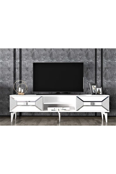 DemonteHome  Yumedidh Tv 2 Raflı 2 Kapaklı Tv Ünitesi Beyaz Gümüş - 3