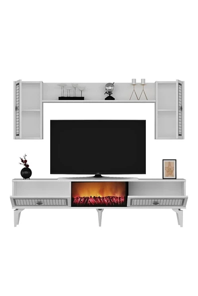 DemonteHome  FLAMEDH ŞÖMİNELİ TV ÜNİTESİ TAKIMI BEYAZ GÜMÜŞ - 6