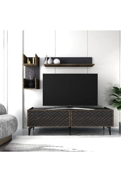 DemonteHome  VİTADH TV ÜNİTESİ TAKIMI ANTRASİT-(CEVİZ DESEN)