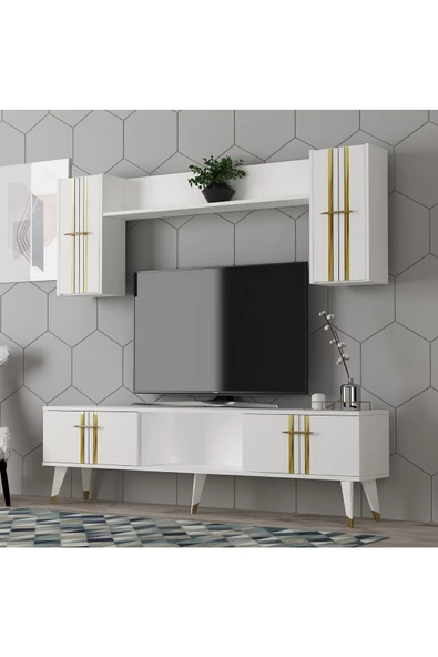 DemonteHome  ASELDH TV ÜNİTESİ TAKIMI BEYAZ-ALTIN