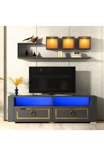 DemonteHome  CALVİNDH LED AYDINLATMALI ,SPOT IŞIKLI TV ÜNİTESİ TAKIMI ANTRASİT-ALTIN