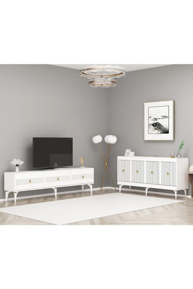 DemonteHome  MİDASDH 180 CM TV SEHPASI (ALT MODÜL) VE 4 KAPAKLI KONSOL 2'Lİ SALON TAKIMI BEYAZ-ALTIN
