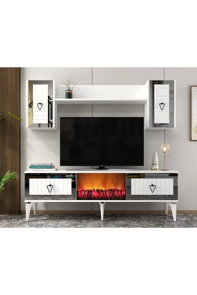 DemonteHome  LİNDADH ŞÖMİNELİ TV ÜNİTESİ TAKIMI BEYAZ-GÜMÜŞ