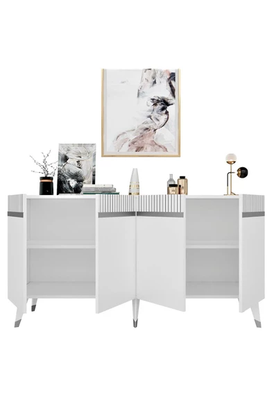 DemonteHome  DEFNEDH 180 CM TV ÜNİTESİ VE KONSOL  2'Lİ SALON TAKIMI BEYAZ GÜMÜŞ - 5