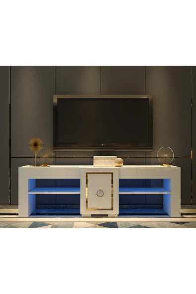 DemonteHome  Ervadh Ledli Tv Sehpası (ALT MODÜL) Beyaz Altın