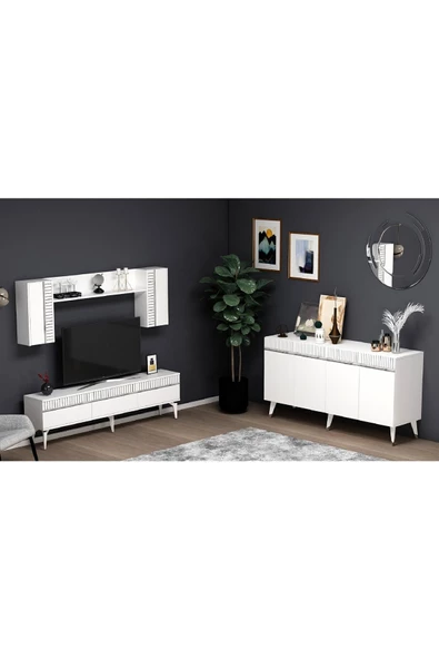 DemonteHome  DEFNEDH 180 CM TV ÜNİTESİ VE KONSOL  2'Lİ SALON TAKIMI BEYAZ GÜMÜŞ - 2
