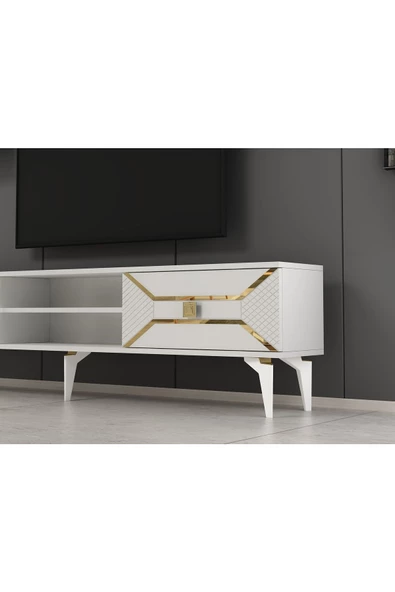 DemonteHome  Yumedi Tv Ünitesi Takımı Beyaz-Altın - 3