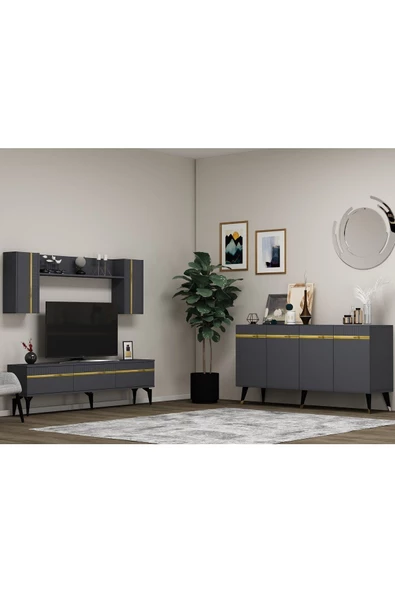 DemonteHome  DEFNEDH 180 CM TV ÜNİTESİ VE KONSOL  2'Lİ SALON TAKIMI ANTRASİT ALTIN