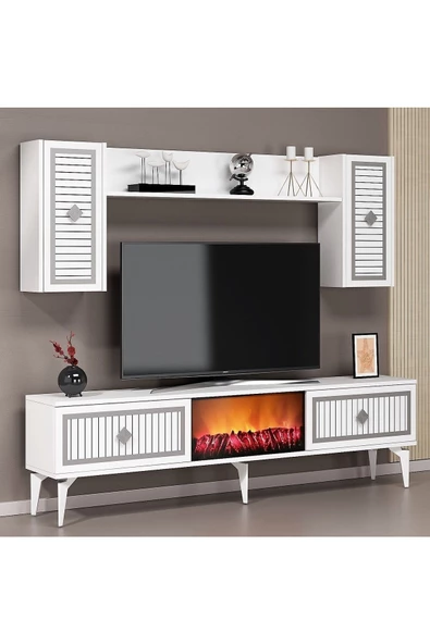 DemonteHome  FLAMEDH ŞÖMİNELİ TV ÜNİTESİ TAKIMI BEYAZ GÜMÜŞ - 2