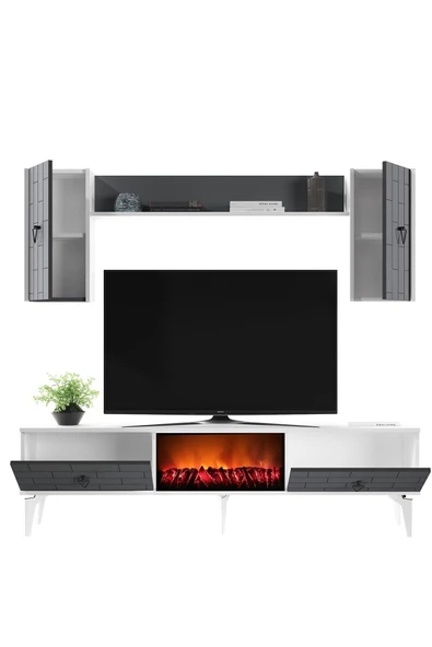 DemonteHome  VARNADH TV ÜNİTESİ TAKIM ŞÖMİNELİ BEYAZ-ANTRASİT - 3