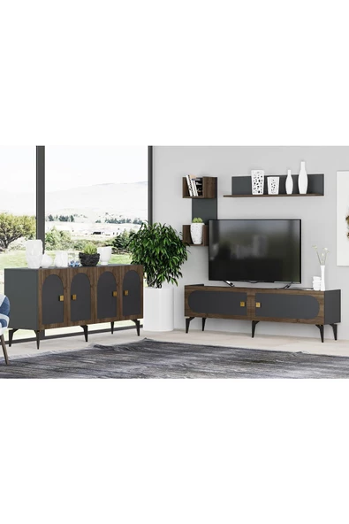 DemonteHome  OWENDH TV ÜNİTESİ,KONSOL 2'Lİ SALON TAKIMI ANTRASİT-(CEVİZ DESEN)