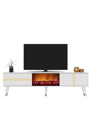 DemonteHome  VANİADH TV SEHPASI ŞÖMİNELİ (ALT MODÜL) BEYAZ-ALTIN - 3